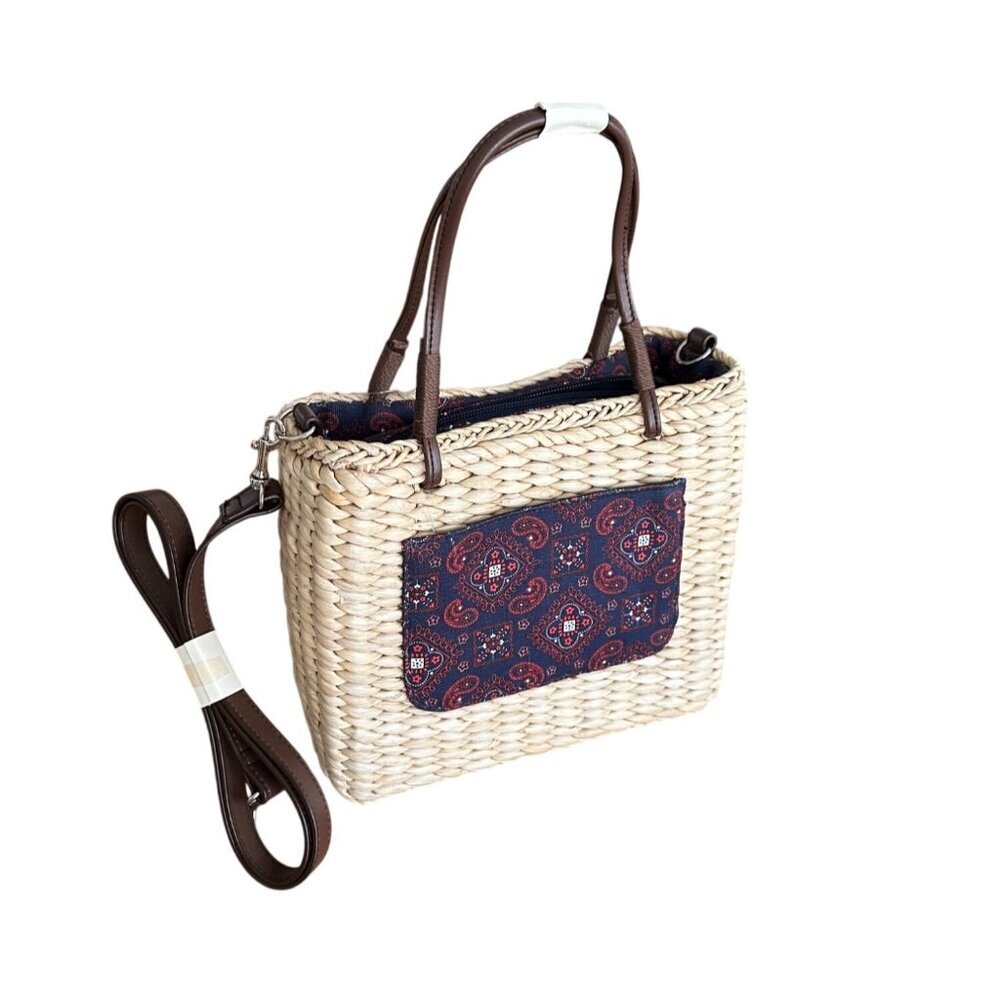 Vintage Sonoma Lifestyle Straw & Fabric Bag Brown Handles Removable Strap NWOT